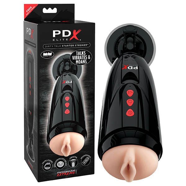 Front view of the PDX Extreme Toyz Elite Dirty Talk Starter Stroker male masturbator shown with its packaging on a clean white background | Flirty Bay adult store Perth